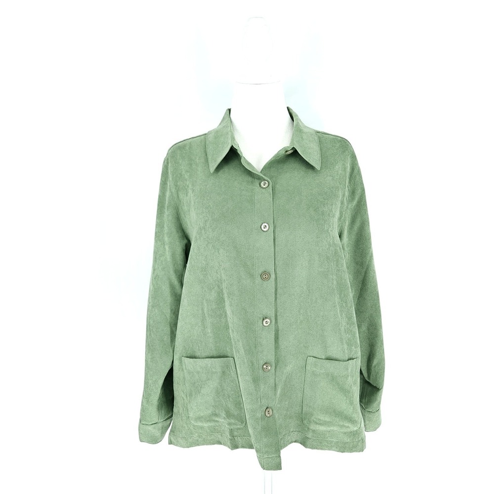 The Tog Shop Shirt Women Large Green Faux Suede Button Up Long Sleeve Pockets